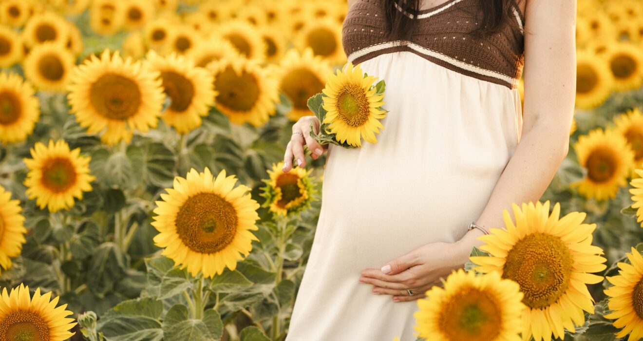 Pregnant woman poses in a sunflower field.